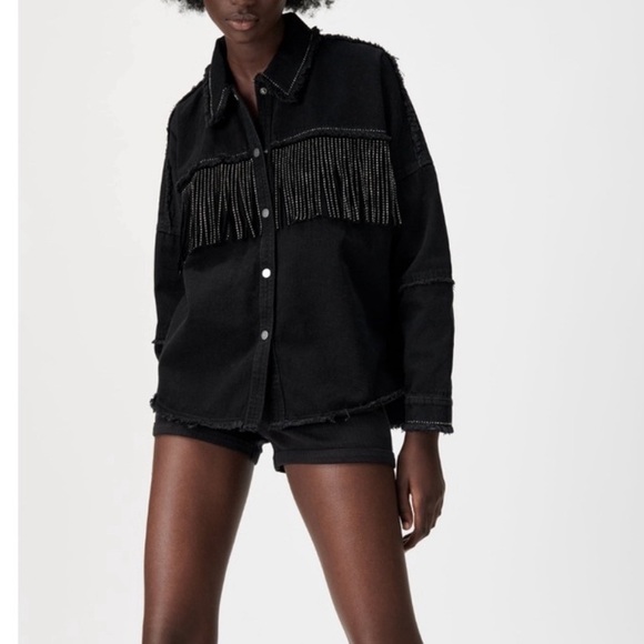 Zara black denim fringe rhinestone jacket size XS - Picture 11 of 12